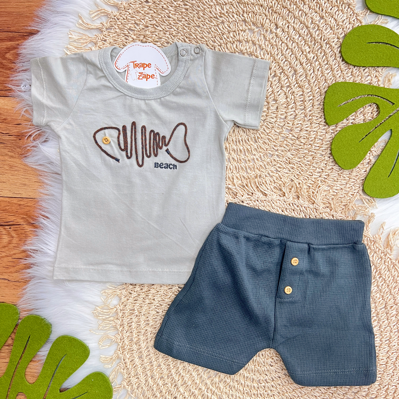 Conj. Camiseta Peixe Beach e Bermuda - Cinza e Chumbo